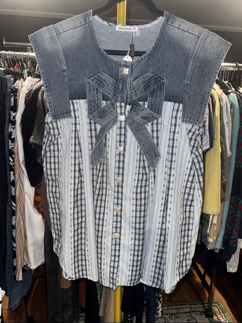 NWT Galita FashionBlue Striped Denim-Trim Sleeveless Top with Bow Sz L